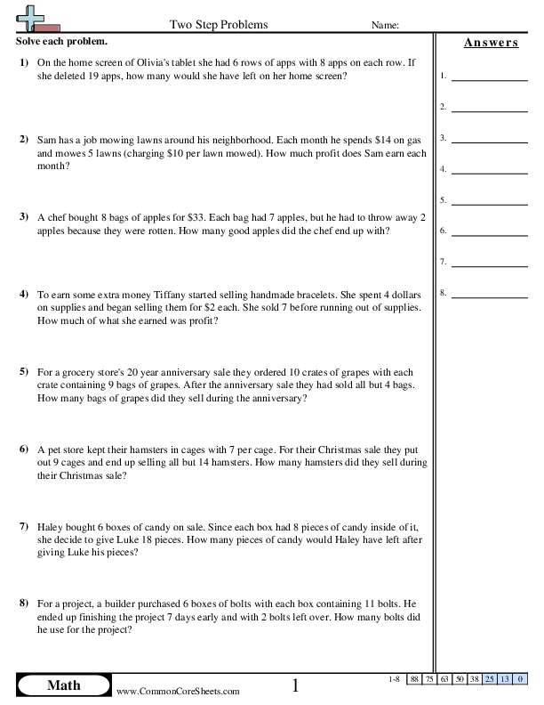 4.oa.3 Worksheets - Two Step Problems (Multiply then Subtract) worksheet